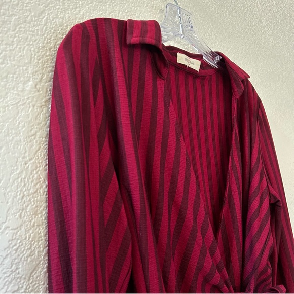 Chocolate USA Wine Red Striped Tie-Front Faux Wrap Top Long Sleeve Crop Shirt S - Picture 5 of 9